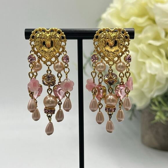 Kirks Folly Pink Crystal Pearl Ornate Gold Tone Heart Dangle Chandelier Earrings - Picture 1 of 10